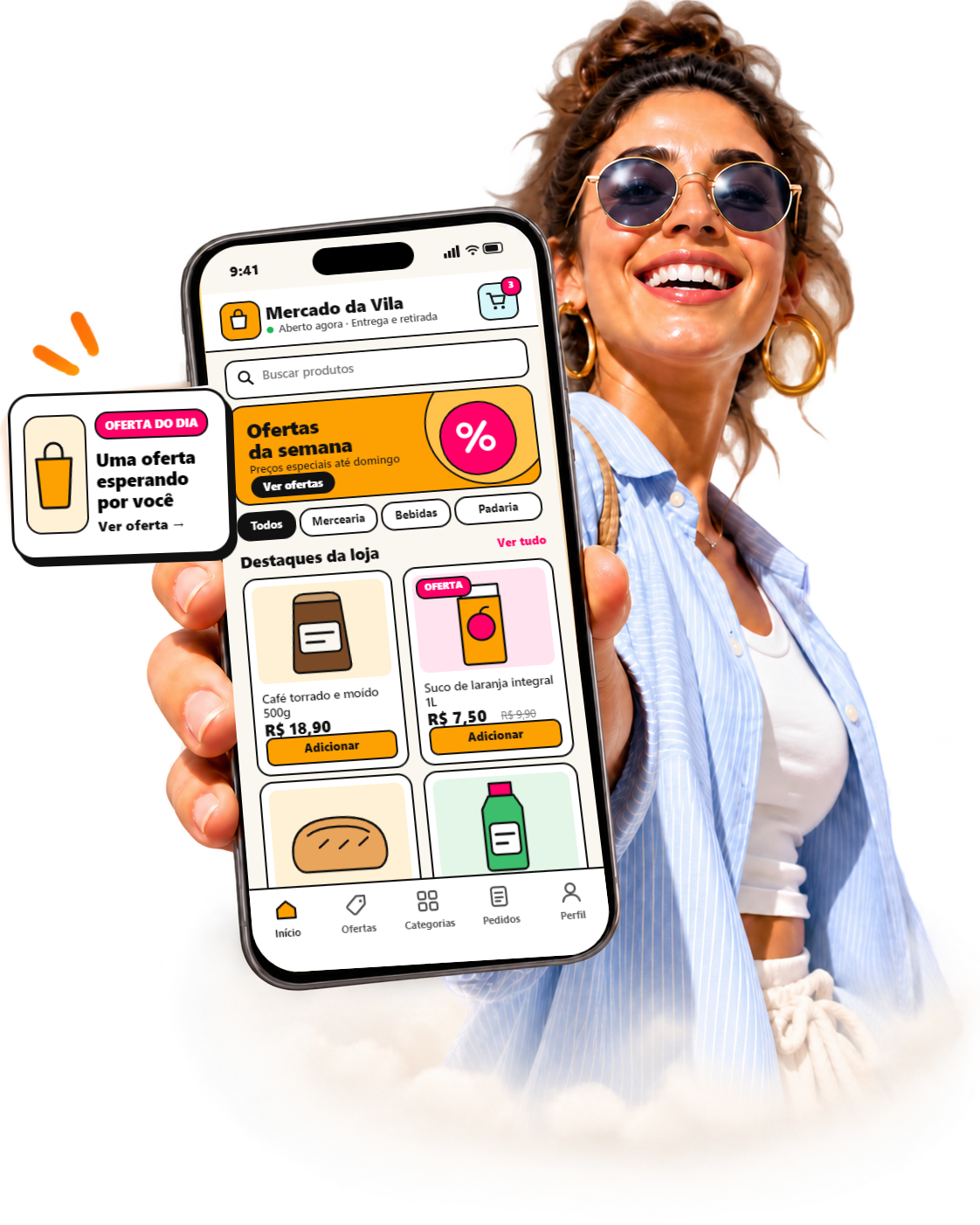 Mulher sorridente mostra o celular com a vitrine de uma loja online AiOfertas na tela: ofertas da semana, produtos com preço e o botão de adicionar ao pedido